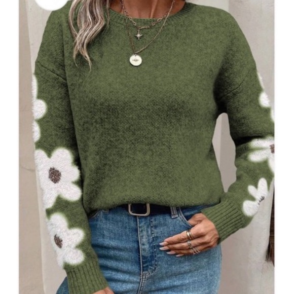New Green floral print crewneck sweater - Picture 1 of 4